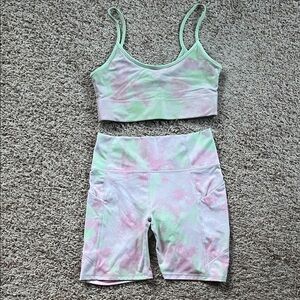 Fabletics Pastel Tie-Dye Sports Bra and Shorts Set